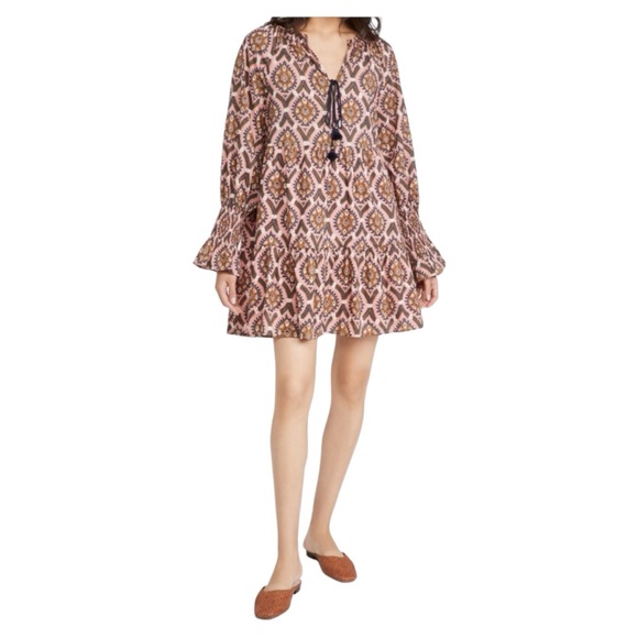 Figue Bella Short Dress in Floral Oasis Blush Cotton India Long Sleeve Tiered - Picture 2 of 15
